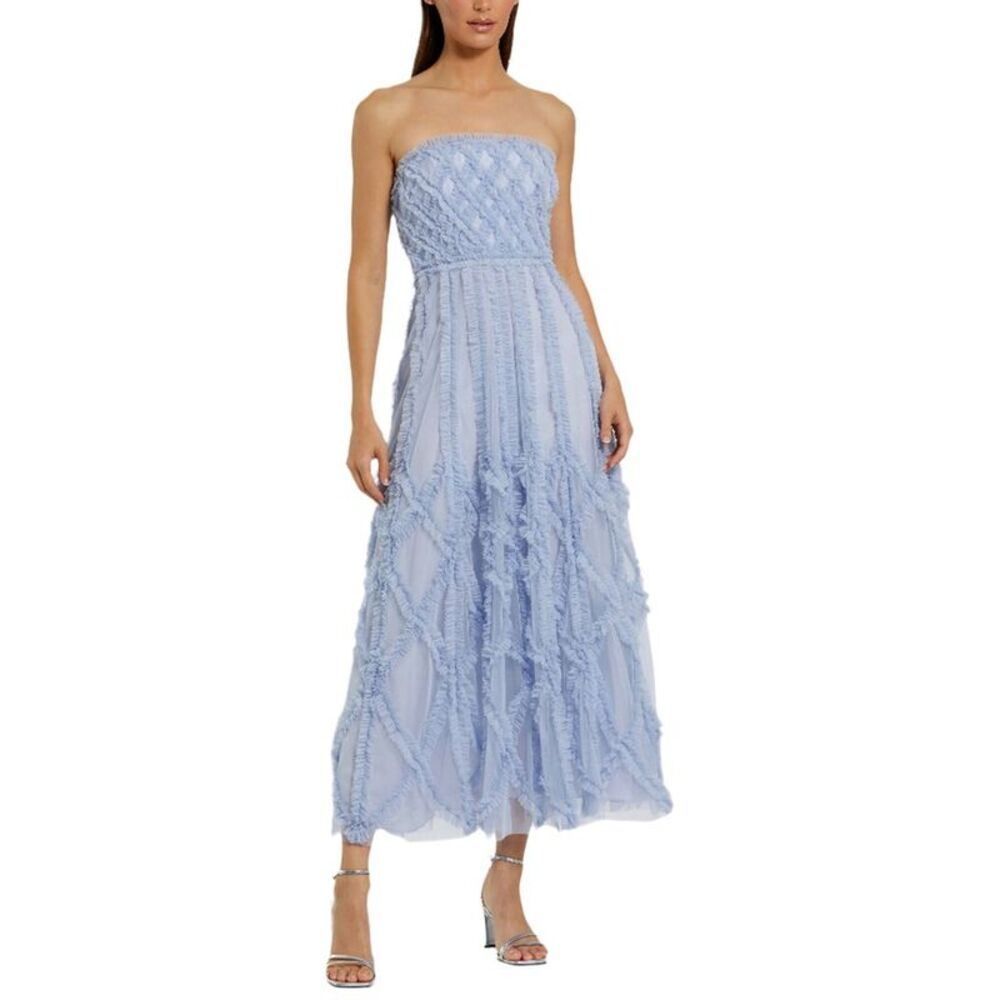Mac Duggal Womens  Mesh Micro Ruffle Strapless A-Line Maxi Dress, Blue